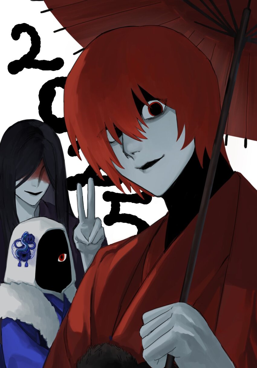 1girl, 2025, 2boys, black_hair, black_kimono, blood, blood_on_face, blue_kimono