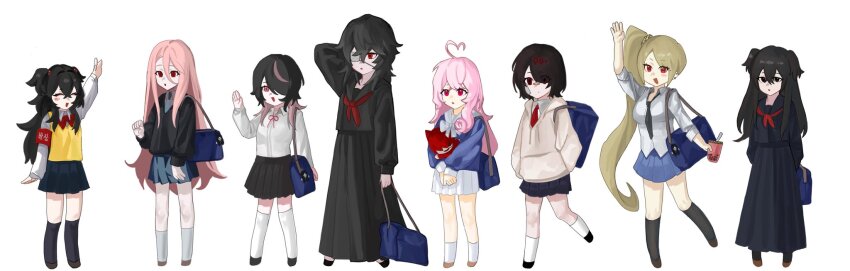 6+girls, black_hair, black_serafuku, blonde_hair, borrowed_character, brown_hair, character_doll, commentary_request