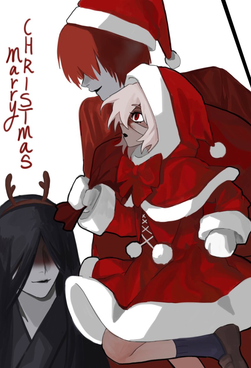 1girl, 2boys, antlers, black_hair, black_kimono, blood, blood_on_face, capelet, coat, commentary, dress, english_commentary, english_text, fake_antlers, hat, adashino_adami, highres, holding, holding_sack, homicipher, horns, japanese_clothes, kimono, merry_christmas, mittens, mjk_r18, mr._crawling, mr._scarletella, multiple_boys, red_capelet, red_coat, red_dress, red_eyes, red_hair, reindeer_antlers, sack, santa_costume, santa_hat, short_hair, simple_background, white_background