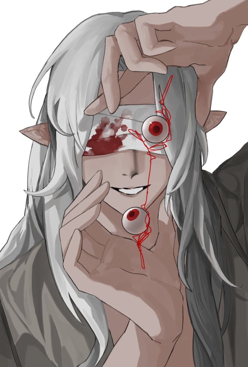 1boy, bandages, bandages_over_eyes, blood, bloody_bandages, coat, eyeball, facing_viewer
