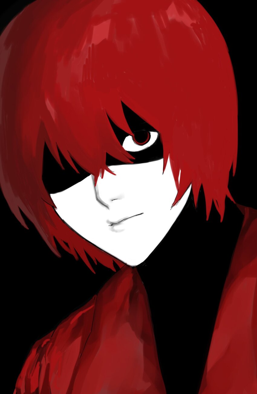 1boy, black_background, coat, commentary_request, highres, homicipher, korean_commentary, looking_at_viewer, male_focus, mjk_r18, mr._scarletella, portrait, red_coat, red_eyes, red_hair, shaded_face, short_hair, simple_background, solo