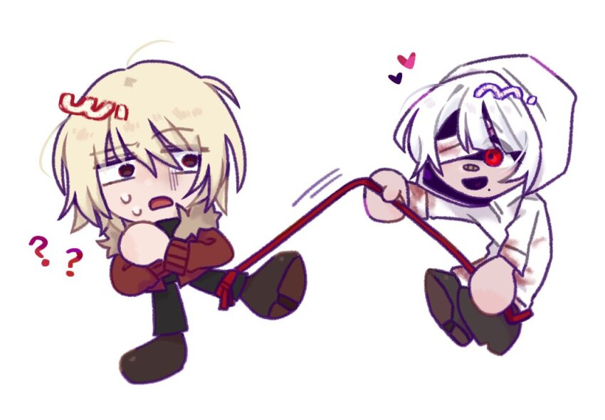 1boy, 1girl, bandage_over_one_eye, blonde_hair, blood, blood_on_clothes, blueskyuup, borrowed_character