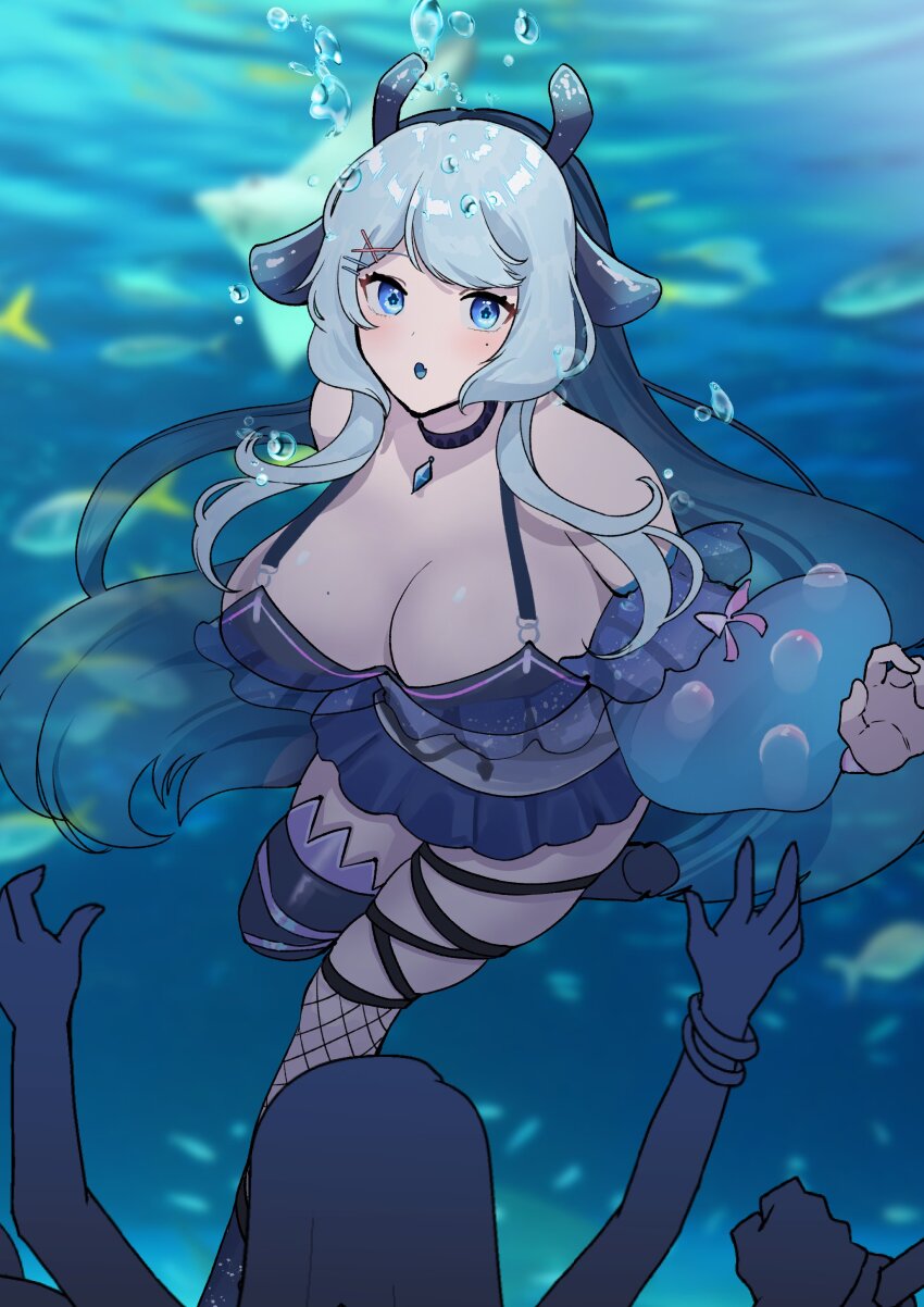 1girl, absurdres, aquarium, asymmetrical_legwear, black_choker, black_hair, black_thighhighs, blue_eyes