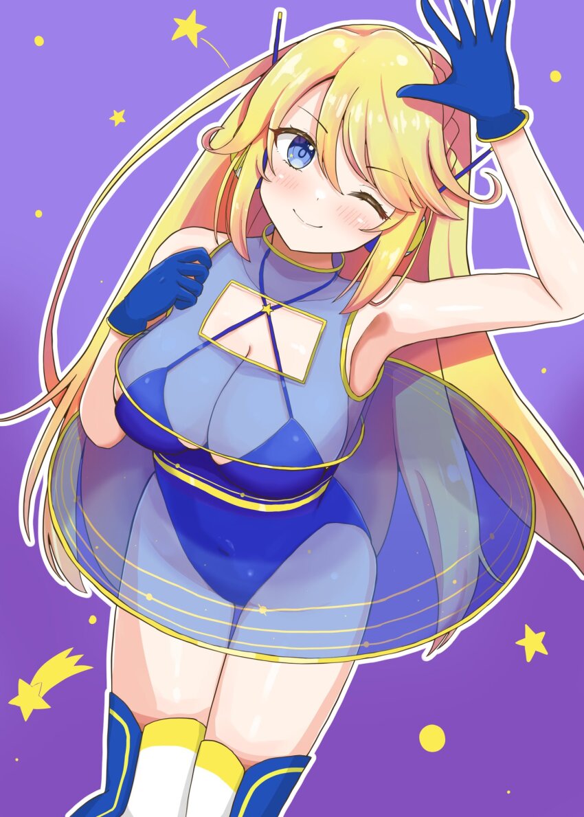 1girl, blonde_hair, blue_leotard, breasts, cleavage, highres, kozuya_spica, leotard, station_memories, transparent_skirt