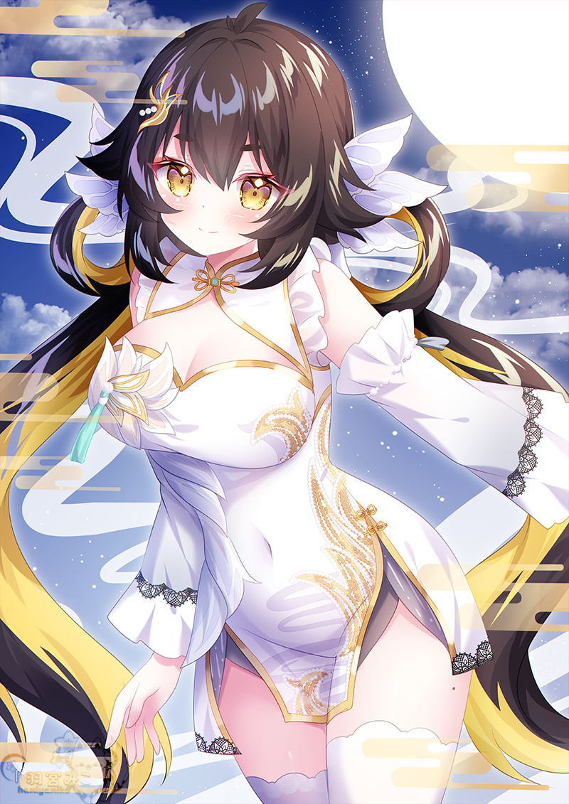 1girl, aether_gazer, bird_hair_ornament, blonde_hair, blush, breasts, brown_hair, character_request