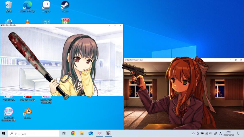 2girls, baseball_bat, black_hair, black_hairband, blender_(medium), blender_(software), blood, brown_hair, cardigan, clip_studio_paint, commentary_request, crossover, curtains, desktop_(computing), doki_doki_literature_club, doki_doki_literature_club_school_uniform, google_chrome, green_eyes, grey_cardigan, gun, hairband, handgun, holding, holding_baseball_bat, holding_gun, holding_weapon, jacket, kimi_to_kanojo_to_kanojo_no_koi., long_hair, long_sleeves, metal_baseball_bat, microsoft_edge, microsoft_windows, monika_(doki_doki_literature_club), multiple_girls, needy_girl_overdose, ponytail, school_uniform, shinsekai_(z_o10), shirt, sidelocks, sone_miyuki, steam_(platform), vlc_media_player, weapon, window, window_(computing)