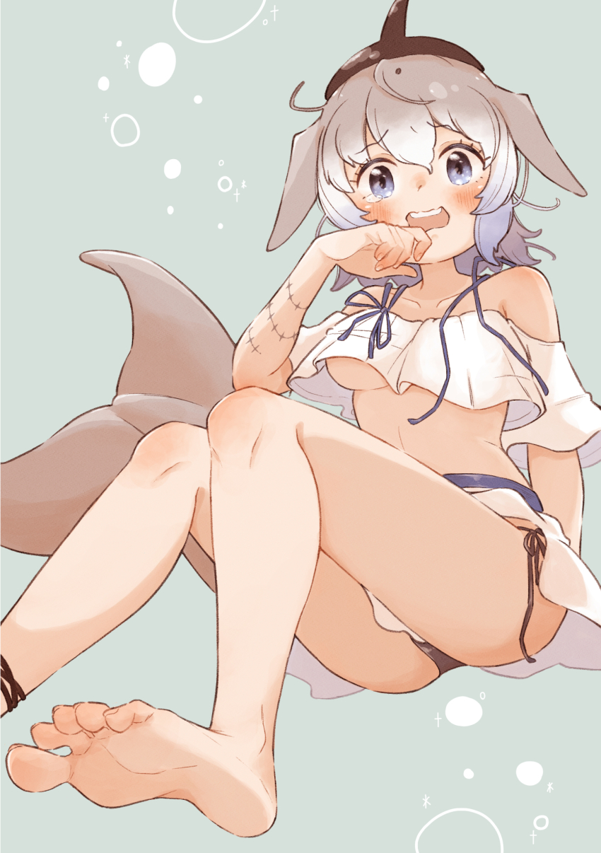 0nanaten, 1girl, arm_tattoo, bare_arms, bare_legs, bare_shoulders, barefoot, bikini, bikini_bottom_only, bikini_skirt, black_bikini, blowhole, blue_eyes, blush, breasts, cetacean_tail, collarbone, commission, common_bottlenose_dolphin_(kemono_friends), dolphin_girl, feet, fins, fish_tail, grey_background, grey_hair, hair_between_eyes, hand_to_own_mouth, head_fins, highres, kemono_friends, legs, looking_at_viewer, medium_breasts, off-shoulder_shirt, off_shoulder, open_mouth, revision, shirt, short_hair, side-tie_bikini_bottom, simple_background, sitting, skeb_commission, skirt, soles, solo, swimsuit, tail, tattoo, tearing_up, teeth, toes, underboob, upper_teeth_only, white_hair, white_shirt, white_skirt