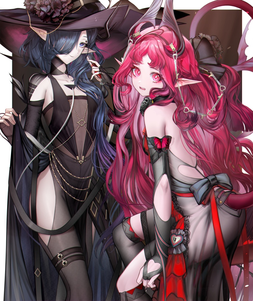 2girls, absurdres, alternate_costume, arknights, ass, backless_outfit, bare_shoulders, black_hat, blue_eyes, blue_hair, border, breasts, bug, butterfly, champagne_flute, clothing_cutout, commentary_request, cup, dress, drinking_glass, ermengarde_(arknights), facial_mark, hat, heart_cutout, highres, holding, holding_cup, horns, insect, irvinetope, key, keyhole, long_hair, looking_at_viewer, multiple_girls, no_panties, nymph_(arknights), open_mouth, outside_border, pink_eyes, pink_hair, pointy_ears, small_breasts, smile, star_(symbol), star_facial_mark, tail, thigh_cutout, white_border, witch_hat