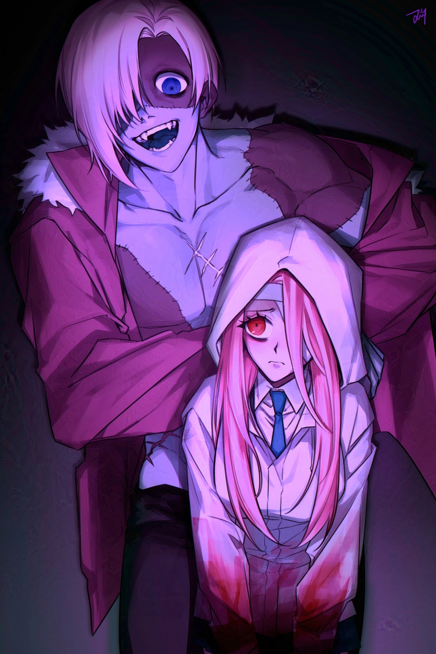 1boy, 1girl, absurdres, bandage_over_one_eye, bbabbamis2, blood, blood_on_clothes, blue_eyes