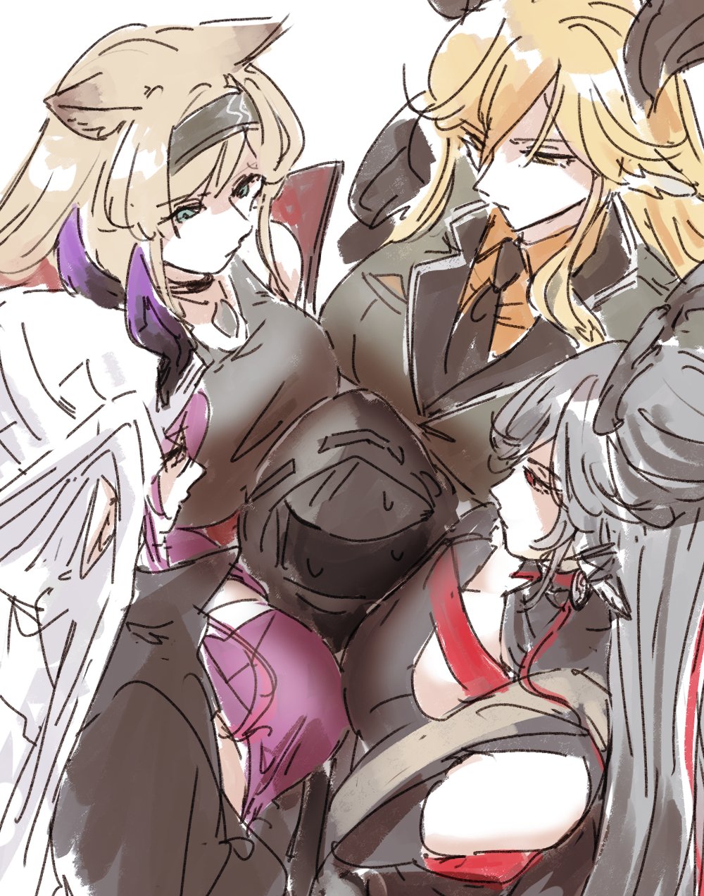 1other, 4girls, animal_ears, antlers, arknights, ascalon_(arknights), black_dress, black_hairband