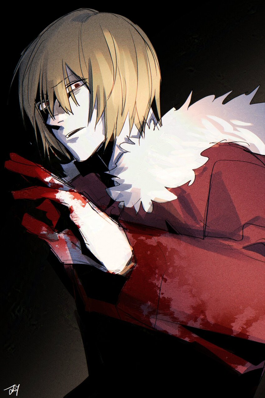 1boy, absurdres, bbabbamis2, blonde_hair, blood, blood_on_hands, brown_eyes, coat, commentary_request, highres, homicipher, korean_commentary, looking_at_viewer, male_focus, mr._human, red_coat, short_hair, solo, upper_body