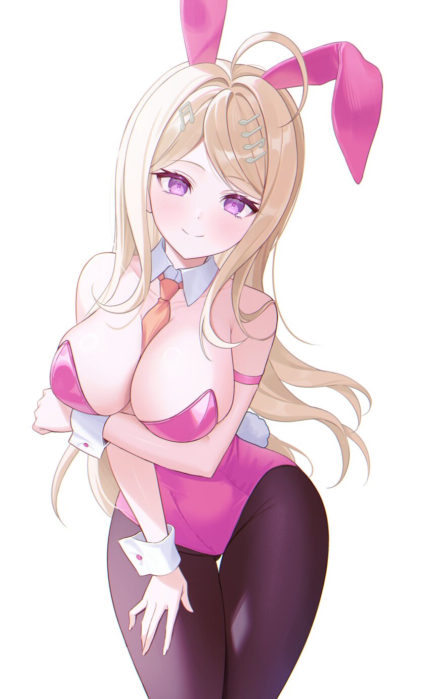 1girl, absurdres, ahoge, akamatsu_kaede, bare_shoulders, blonde_hair, breasts, cleavage