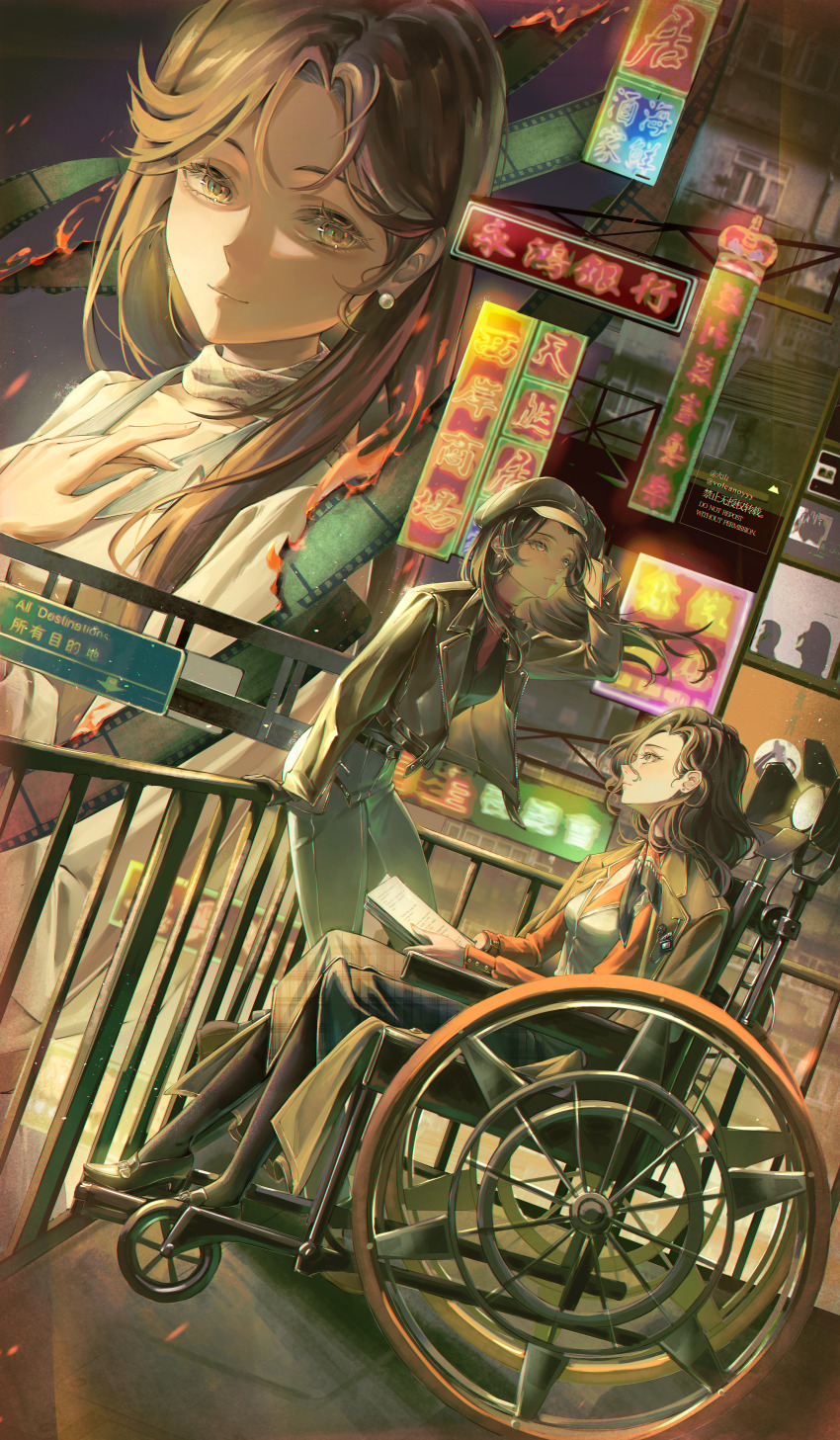 3girls, absurdres, against_railing, black_footwear, black_gloves, black_hair, black_neckerchief, black_pantyhose, black_shirt, blue_pants, brown_coat, brown_eyes, brown_hat, brown_jacket, newsboy_cap, city_lights, closed_mouth, coat, coat_on_shoulders, dress, film_strip, full_body, gloves, grey_skirt, hand_on_headwear, hand_on_railing, hand_up, hat, he_rijun, high_heels, highres, holding, holding_paper, jacket, long_hair, long_skirt, long_sleeves, looking_at_viewer, looking_up, medium_hair, multiple_girls, neckerchief, neon_lights, noire_(reverse:1999), pants, pantyhose, paper, profile, qi_xing_(reverse:1999), railing, red_shirt, reverse:1999, shirt, sign, sitting, skirt, upper_body, vest, volcanoyyy, wheelchair, white_dress, white_vest, yellow_eyes