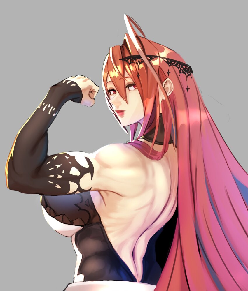 1girl, absurdres, ahoge, alternate_muscle_size, arm_up, back, back_muscles, bare_back