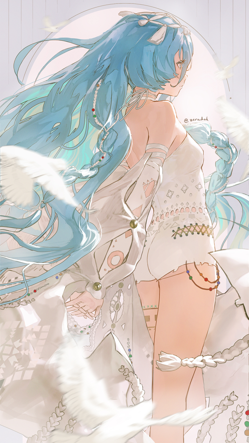 1girl, 37_(down_in_the_grotto)_(reverse:1999), 37_(reverse:1999), ass, bare_shoulders, bird, blue_eyes, blue_hair, breasts, cape, cowboy_shot, detached_sleeves, floating_hair, from_side, grey_background, hair_ornament, highres, leg_tattoo, long_hair, one-piece_swimsuit, profile, reverse:1999, small_breasts, solo, swimsuit, tattoo, very_long_hair, white_bird, white_cape, white_one-piece_swimsuit, zeradok