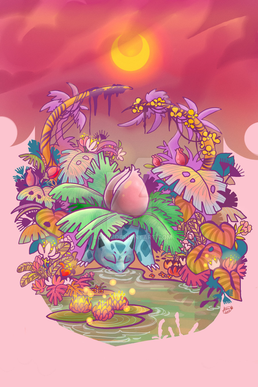 agina, animal_focus, claws, closed_eyes, crescent_moon, drinking, flower, gen_1_pokemon, highres, ivysaur, leaf, lily_pad, moon, nintendo, no_humans, nostrils, outdoors, pokemon, pokemon_(creature), ripples, solo, tulip, watermark