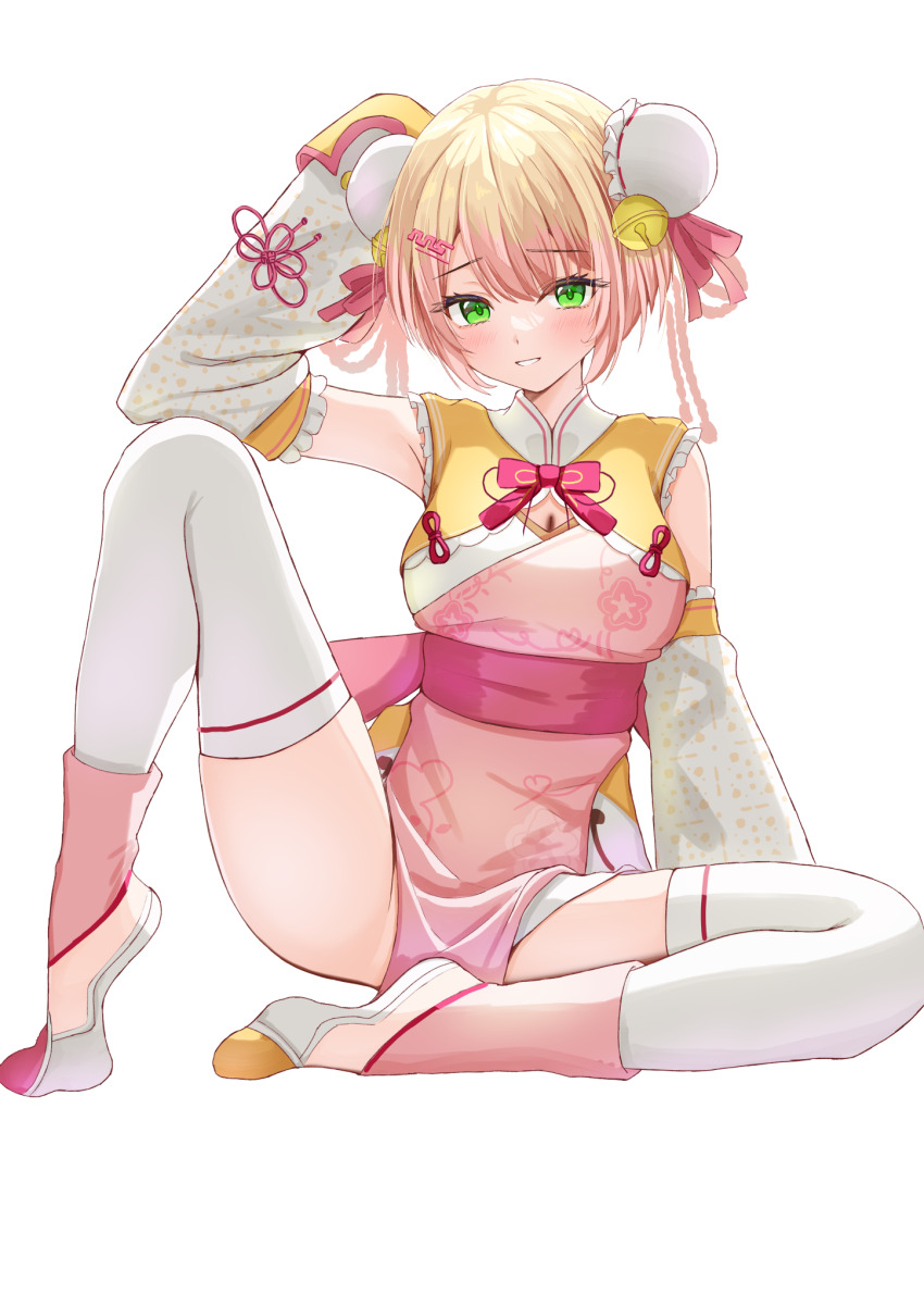 1girl, blonde_hair, breasts, bun_cover, china_dress, chinese_clothes, cleavage, cleavage_cutout, clothing_cutout, commentary, detached_sleeves, double_bun, dress, floral_print, floral_print_dress, frilled_sleeves, frills, full_body, green_eyes, hair_bun, highres, hololive, knee_up, long_sleeves, looking_at_viewer, momosuzu_nene, momosuzu_nene_(jiangshi), official_alternate_costume, official_alternate_hairstyle, oniku_(o29sukizero), orange_sleeves, pink_dress, print_dress, quad_hair_rings, shoes, simple_background, single_wide_sleeve, sitting, solo, thighhighs, virtual_youtuber, white_background, white_shoes, white_sleeves, white_thighhighs, yellow_dress