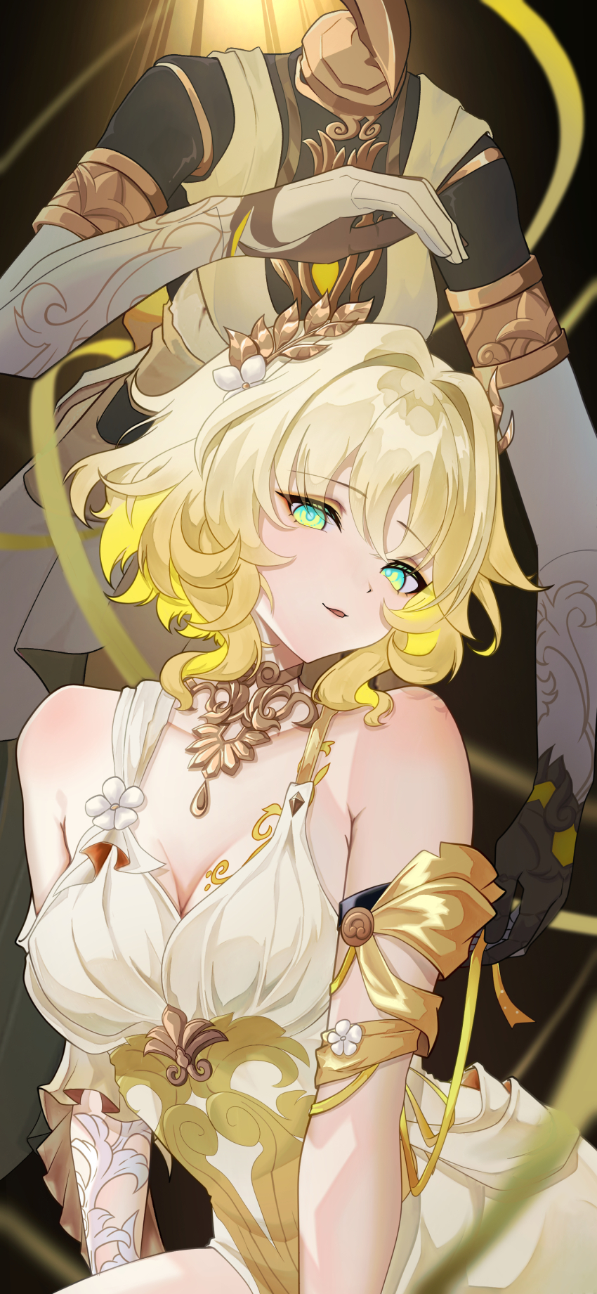 1girl, absurdres, aglaea_(honkai:_star_rail), bare_shoulders, blonde_hair, breasts, cleavage, commentary