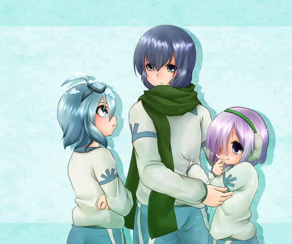 3boys, blue_hair, earmuffs, goggles, hair_over_one_eye, hyoujyou_retsuto, inazuma_eleven, inazuma_eleven_(series), kita_miryu, male_focus, multiple_boys, pout, purple_hair, scarf, sorano_rebun, tears, trap