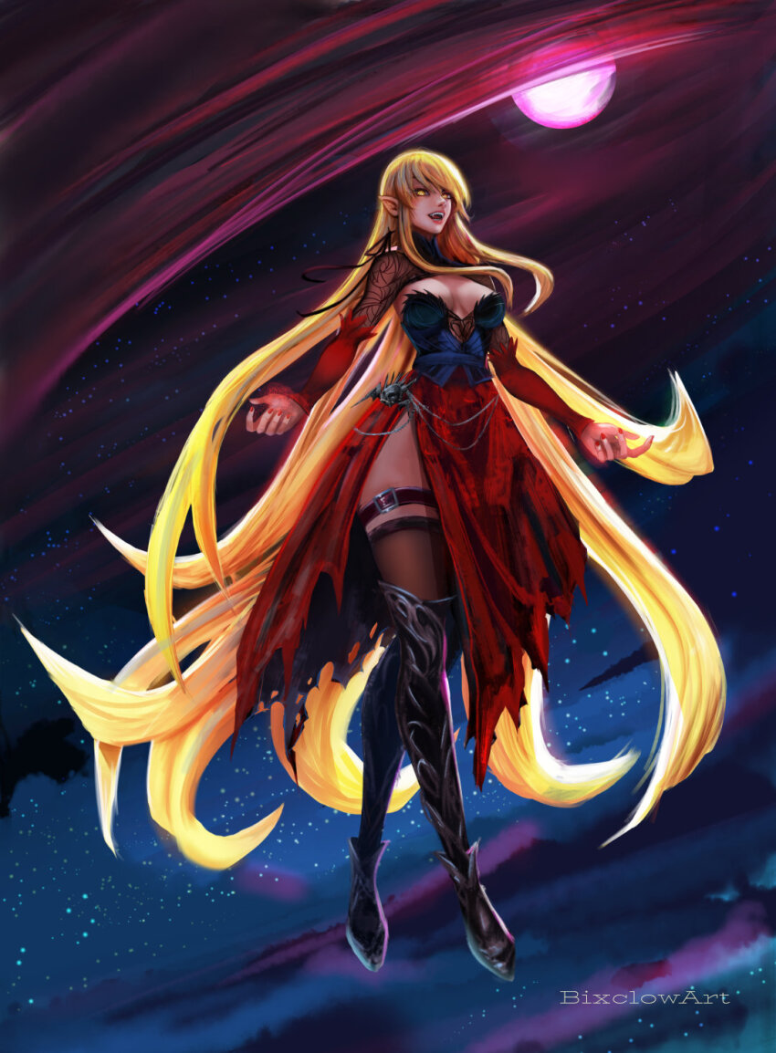 1girl, bixclowart, black_boots, black_corset, black_thighhighs, blonde_hair, boots, breasts, cleavage, cloud, cloudy_sky, corset, detached_sleeves, dress, feather-trimmed_sleeves, feather_trim, highres, kiss-shot_acerola-orion_heart-under-blade, kizumonogatari, large_breasts, long_hair, monogatari_(series), moon, night, oshino_shinobu, pointy_ears, red_dress, red_nails, sharp_teeth, skull_ornament, sky, smile, solo, strapless, strapless_dress, teeth, thigh_strap, thighhighs, torn_clothes, torn_dress, vampire, very_long_hair, yellow_eyes