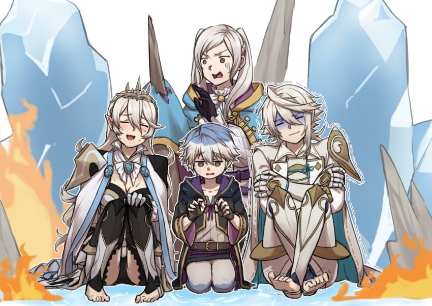 1girl, 2boys, 2girls, aged_down, armor, belt, black_gloves, black_robe, breasts, brown_belt, brown_eyes, brown_gloves, cape, cleavage, closed_mouth, cold, female_corrin_(fire_emblem), female_corrin_(silent_bloodline)_(fire_emblem), male_corrin_(fire_emblem), male_corrin_(hoshido_noble)_(fire_emblem), crossed_arms, crown, dual_persona, female_robin_(exalt's_right_hand)_(fire_emblem), female_robin_(fire_emblem), fingerless_gloves, fire, fire_emblem, fire_emblem_awakening, fire_emblem_fates, fire_emblem_heroes, gameplay_mechanics, gloves, hair_between_eyes, hand_on_own_knee, highres, ice_crystal, long_hair, male_robin_(young)_(fire_emblem), male_robin_(fire_emblem), multiple_boys, multiple_girls, nintendo, official_alternate_costume, open_clothes, open_robe, pointy_ears, robe, shirt, shoulder_armor, simple_background, toes, trembling, twintails, white_background, white_hair, white_shirt, zuzu_(ywpd8853)