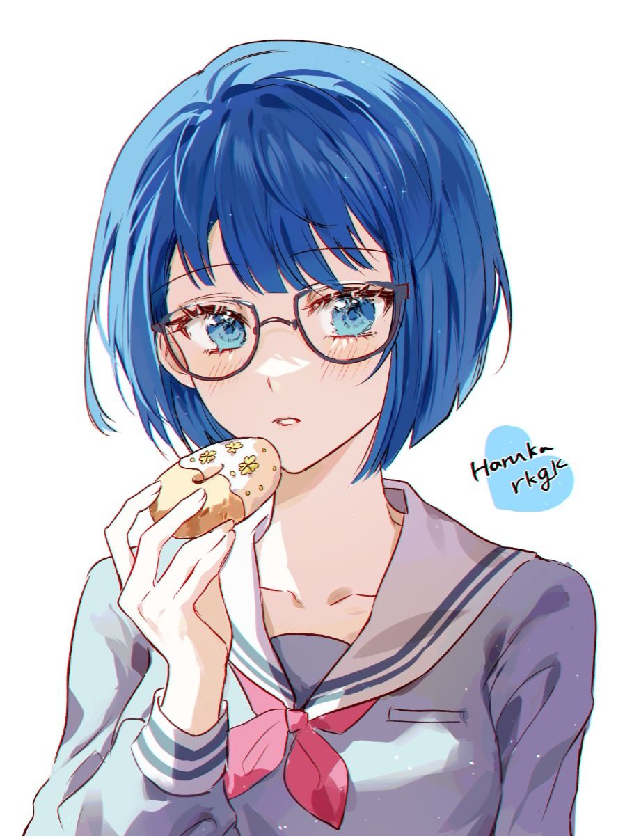 1girl, blue_eyes, blue_hair, blush, collarbone, donut, food, glasses