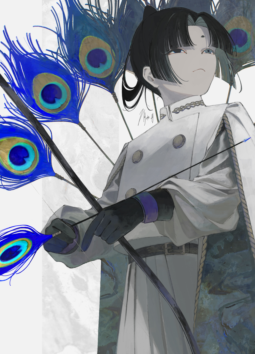 1boy, absurdres, arrow_(projectile), belt, black_eyes, black_gloves, black_hair, bow_(weapon)