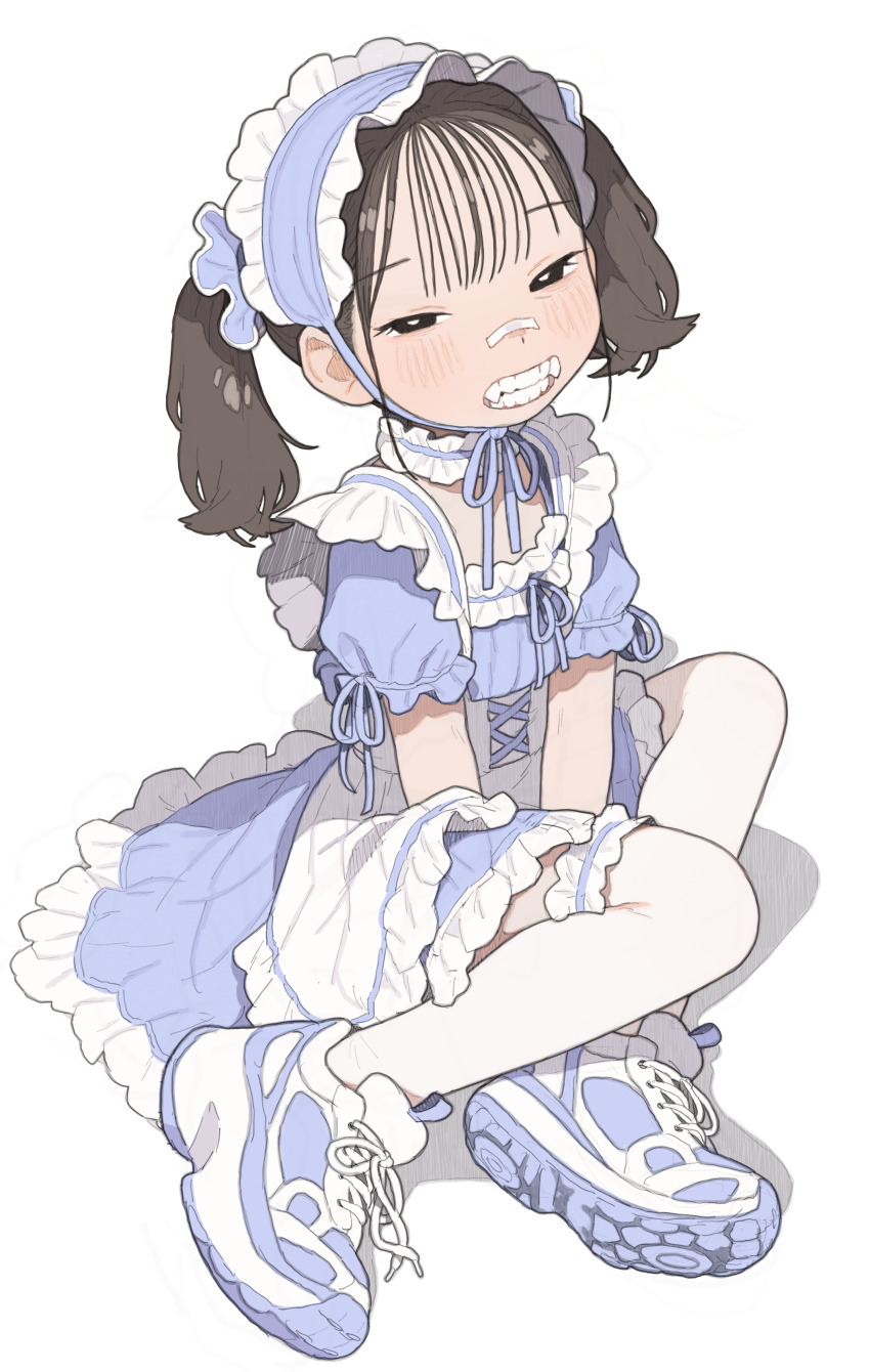 1girl, absurdres, apron, arms_between_legs, bandaid, bandaid_on_face, bandaid_on_nose, black_eyes, bright_pupils, brown_hair, chinstrap, choker, commentary, dress, english_commentary, fangs, frilled_choker, frilled_thigh_strap, frills, full_body, grin, hair_ornament, hair_scrunchie, hairband, highres, lolita_hairband, looking_at_viewer, maid, medium_hair, original, possummachine, puffy_short_sleeves, puffy_sleeves, purple_choker, purple_dress, purple_hairband, purple_scrunchie, scrunchie, shoes, short_sleeves, smile, sneakers, solo, tenshi_kaiwai, thigh_strap, thighhighs, twintails, white_apron, white_background, white_pupils, white_shoes, white_thighhighs
