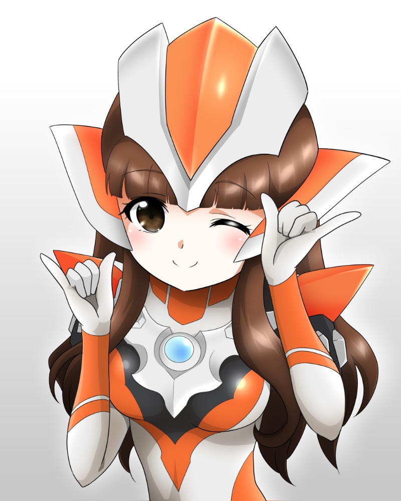 1girl, ;), aiueo8371, animification, armor, armored_bodysuit, black_bodysuit, blunt_bangs