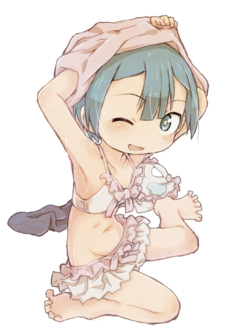 1boy, apron, arms_up, barefoot, bikini, bikini_skirt, blue_eyes, blue_hair