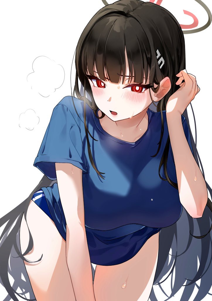 1girl, black_hair, blue_archive, blush, breasts, buruma, gym_uniform, halo