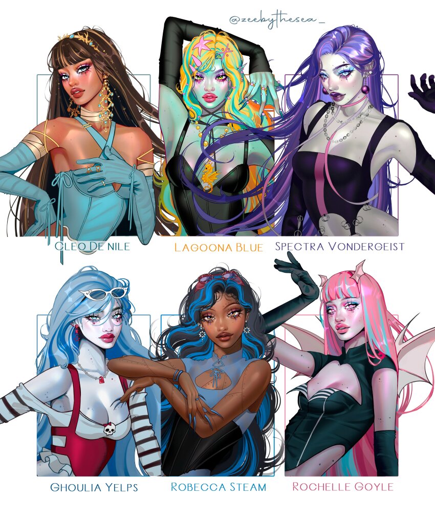 6+girls, absurdres, aegyo_sal, aqua_hair, aqua_nails, armpits, bare_arms, bare_shoulders, black_gloves, black_hair, black_shirt, black_sleeves, blonde_hair, blue_eyes, blue_eyeshadow, blue_gloves, blue_hair, blue_nails, blunt_bangs, blush, body_freckles, bracelet, breasts, brown_eyes, brown_hair, chain, chain_necklace, character_name, cleavage, cleavage_cutout, cleo_de_nile, clothing_cutout, colored_skin, criss-cross_halter, cross-laced_clothes, cross-laced_top, curly_hair, dark-skinned_female, dark_skin, demon_wings, detached_sleeves, earrings, elbow_gloves, eyeshadow, eyewear_on_head, fingernails, freckles, ghoulia_yelps, gloves, goggles, goggles_on_head, gold_earrings, gold_hairband, green_eyes, green_skin, hair_ornament, hairband, halterneck, hand_on_own_chest, hand_on_own_hip, hashtag-only_commentary, head_wings, heart, heart_hair_ornament, highres, jewelry, lagoona_blue, long_sleeves, looking_at_viewer, makeup, monster_high, monster_high_(g1), multicolored_hair, multiple_girls, nail_polish, necklace, parted_lips, pink_eyes, pink_hair, pink_lips, purple_hair, purple_lips, red_goggles, red_lips, robecca_steam, rochelle_goyle, sharp_fingernails, shirt, simple_background, sleeves_past_wrists, small_breasts, smile, spectra_vondergeist, straight_hair, streaked_hair, striped_clothes, sunglasses, two-tone_hair, upper_body, white-framed_eyewear, white_background, white_shirt, white_skin, white_wings, wings, x_hair_ornament, zeebythesea