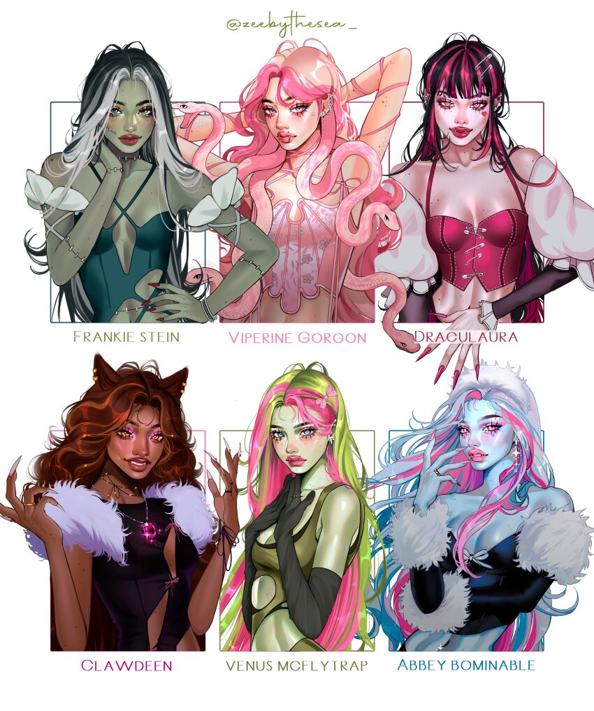 6+girls, abbey_bominable, absurdres, aegyo_sal, animal, animal_ears, aqua_eyes, arms_behind_head, bare_arms, bare_shoulders, black_gloves, black_hair, black_shirt, blue_eyes, blue_hair, blue_skin, body_freckles, bow, bracelet, breasts, bright_pupils, brown_eyes, brown_hair, camisole, character_name, cheek_tattoo, clawdeen_wolf, cleavage, closed_mouth, collarbone, colored_skin, criss-cross_halter, cropped_shirt, curly_hair, dark-skinned_female, dark_skin, draculaura, ear_piercing, earrings, elbow_gloves, eyelashes, fingernails, floral_print, frankie_stein, freckles, frills, fur-trimmed_sleeves, fur_trim, gloves, green_eyes, green_hair, green_skin, grin, hair_bow, halterneck, hand_on_own_hip, hands_on_own_chest, hashtag-only_commentary, heart, heart_tattoo, heterochromia, highres, jewelry, long_hair, long_sleeves, looking_at_viewer, medium_breasts, monster_high, monster_high_(g1), multicolored_hair, multiple_girls, nail_polish, navel, necklace, off-shoulder_shirt, off_shoulder, paperclip_hair_ornament, piercing, pink_bow, pink_camisole, pink_eyes, pink_hair, pink_lips, pink_nails, red_nails, ribbon, ring, scales, sharp_fingernails, shirt, simple_background, smile, snake, sparkle, stitched_arm, stitched_face, stitched_neck, stitched_torso, stitches, straight_hair, streaked_hair, tattoo, twitter_username, two-tone_hair, upper_body, venus_mcflytrap, very_long_hair, viperine_gorgon, white_background, white_hair, white_pupils, white_ribbon, zeebythesea