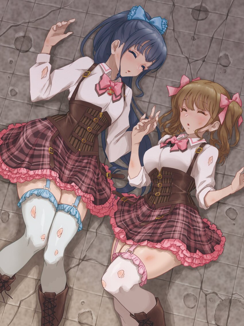 2girls, assault_lily, belt, belt_buckle, blue_bow, blue_hair, blush, boots