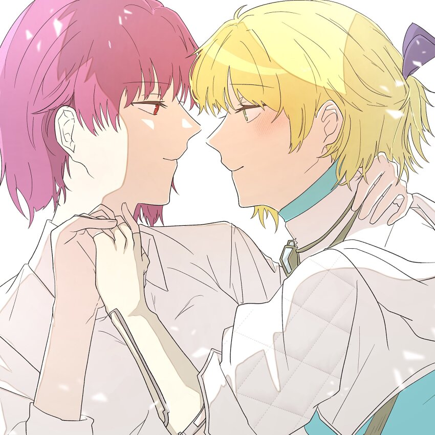 blonde_hair, blush, bow, elbow_gloves, face-to-face, gloves, green_eyes, hand_on_another's_neck, heaven_burns_red, highres, m0sa_4, nanase_nanami_(angel_crisis)_(heaven_burns_red), nanase_nanami_(heaven_burns_red), purple_hair, red_eyes, shirt, short_hair, tezuka_saki, white_shirt, yuri