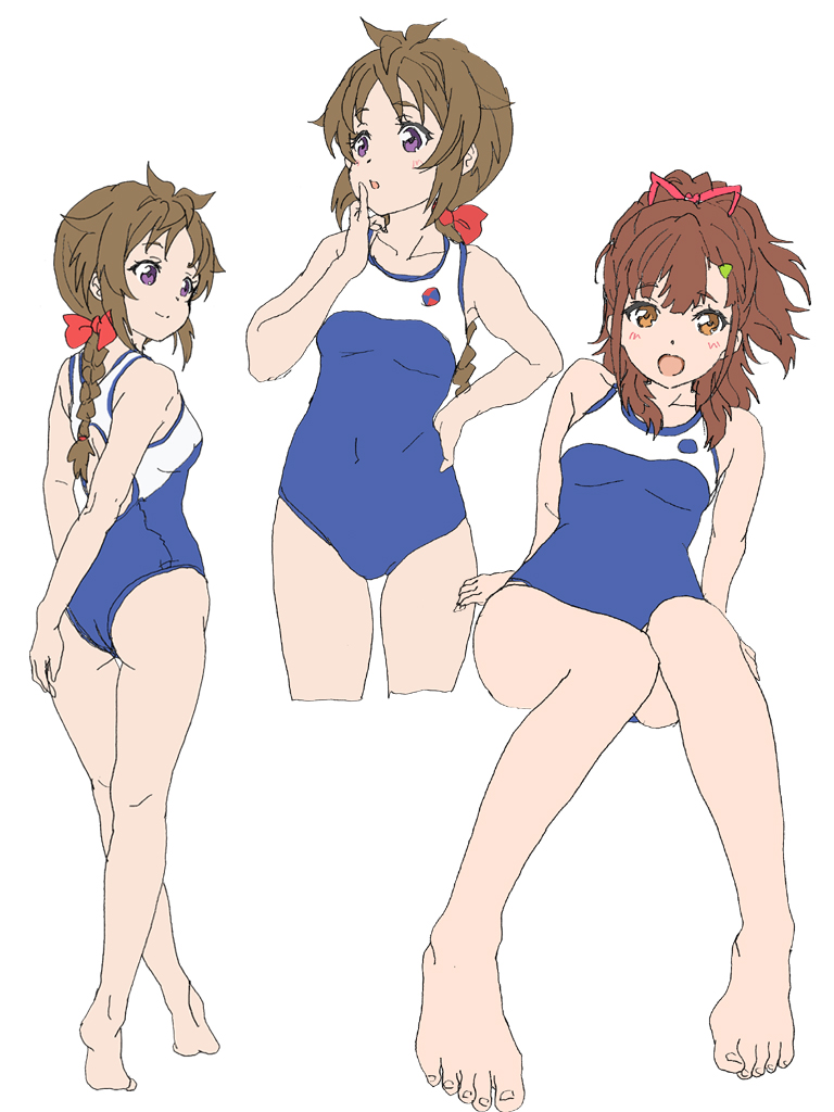 2girls, arms_behind_back, ass, barefoot, blue_one-piece_swimsuit, braid, brown_eyes, full_body