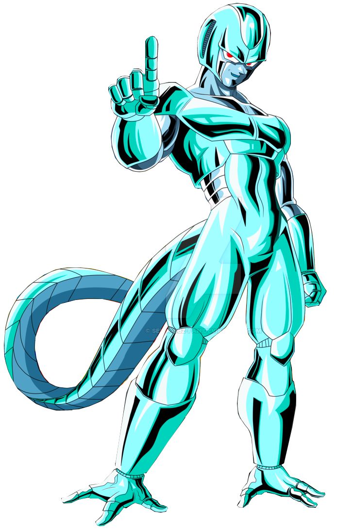 1boy, android, blue_skin, colored_skin, cooler_(dragon_ball), dragon_ball, dragonball_z, finger_up, hand_up, looking_at_viewer, male_focus, meta-cooler, metal_cooler, metal_skin, open_mouth, pectorals, red_eyes, robot, shiny_skin, smile, solo, standing, tagme, tail