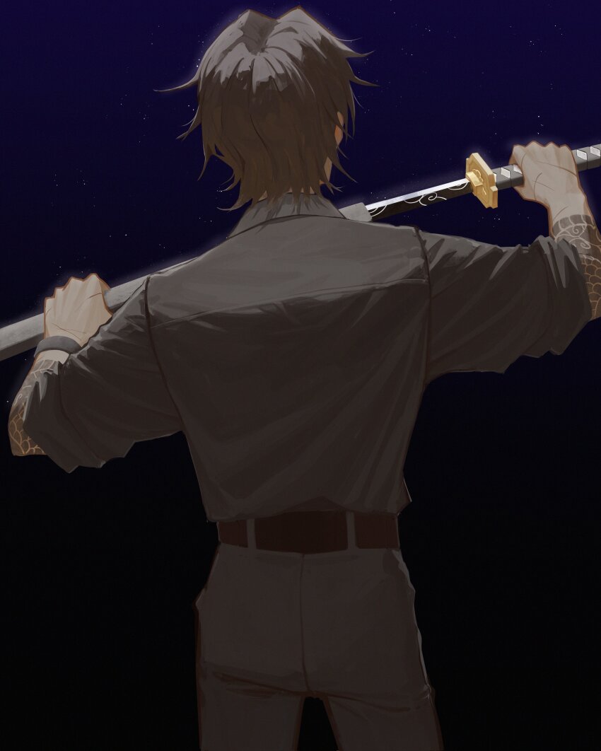 1boy, absurdres, black_pants, black_shirt, brown_hair, cowboy_shot, from_behind, hands_up