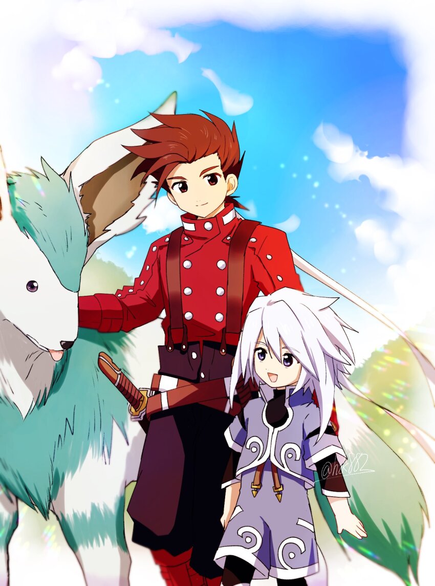 2boys, :d, blue_sky, boots, brown_eyes, brown_hair, character_request, closed_mouth