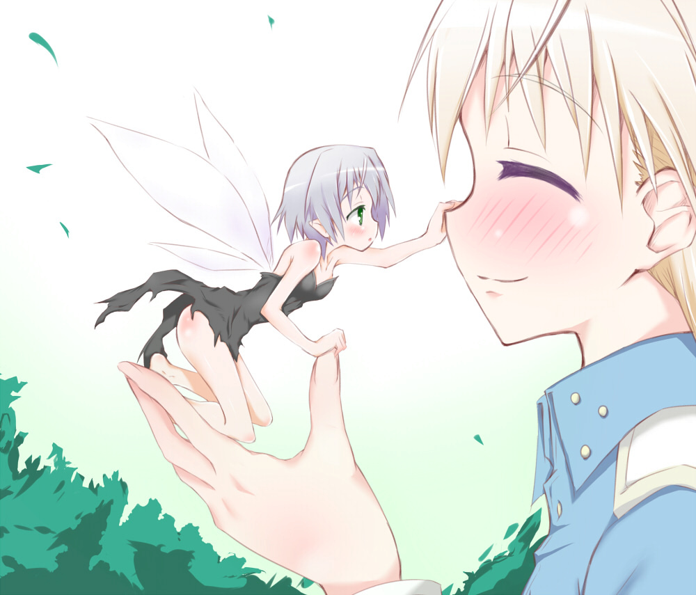 2girls, bad_id, bad_pixiv_id, bare_legs, bare_shoulders, blonde_hair, blush, closed_eyes