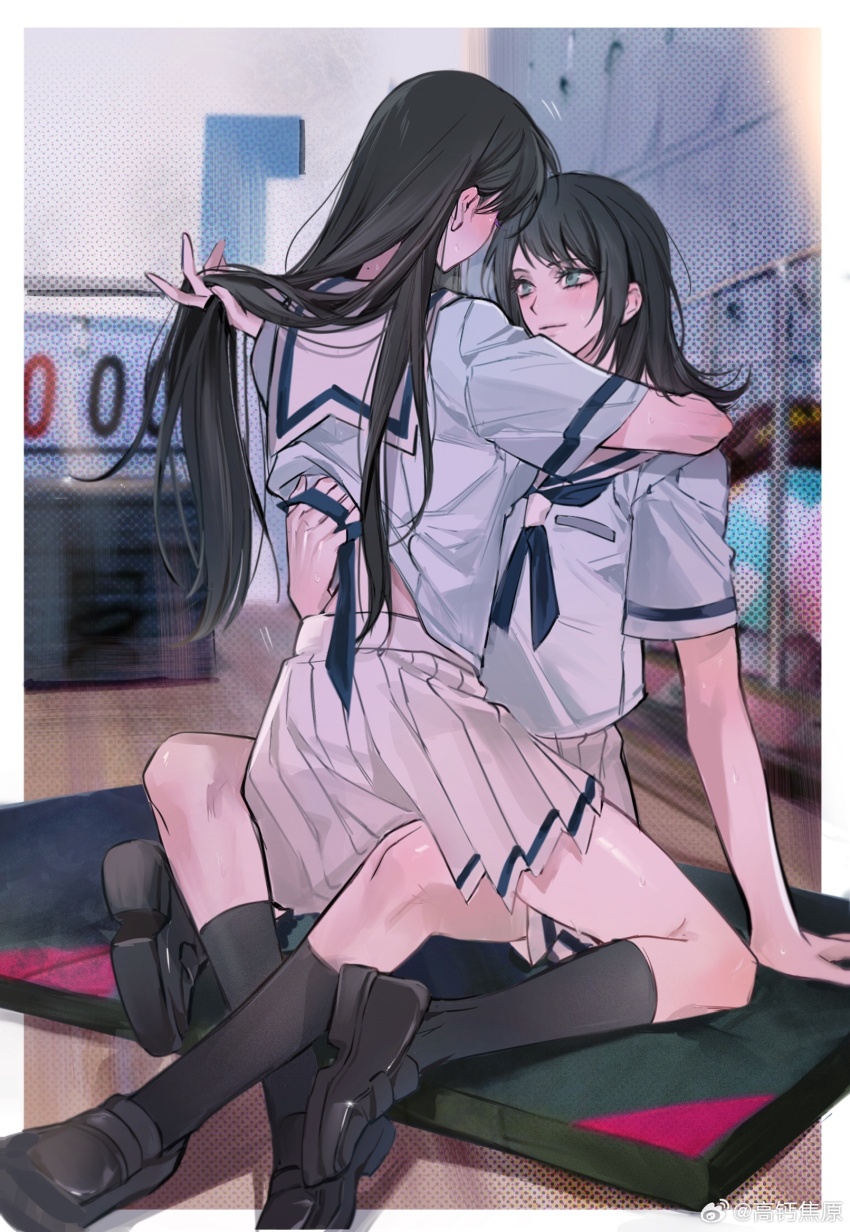 2girls, bang_dream!, bang_dream!_it's_mygo!!!!!, black_footwear, black_hair, black_socks, blue_neckerchief, blue_shirt