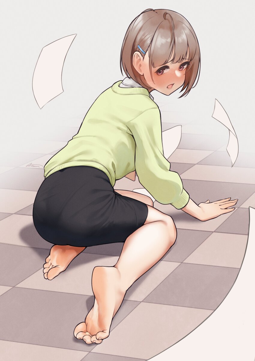 1girl, absurdres, ahoge, aiharararara, ass, barefoot, blush, brown_hair