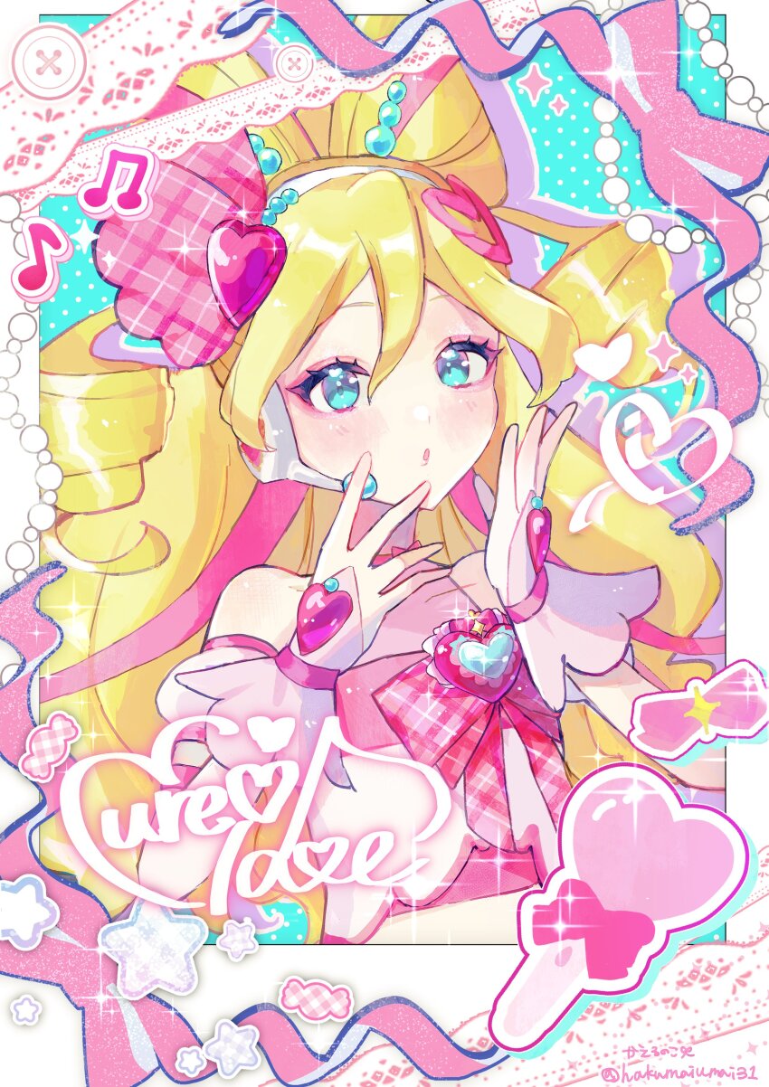 1girl, absurdres, arm_warmers, blonde_hair, blowing_kiss, border, bow, bow-shaped_hair