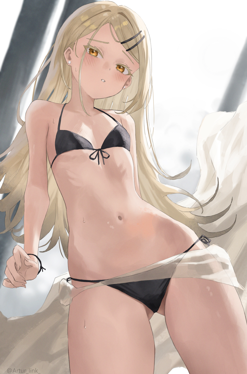 1girl, absurdres, artur_link, bare_shoulders, bikini, black_bikini, blonde_hair, commentary, cowboy_shot, earrings, flat_chest, gakuen_idolmaster, hair_ornament, hairclip, highres, idolmaster, jewelry, long_hair, navel, parted_lips, sarong, see-through_clothes, see-through_sarong, shinosawa_hiro, solo, stomach, swimsuit, thighs, twitter_username, yellow_eyes