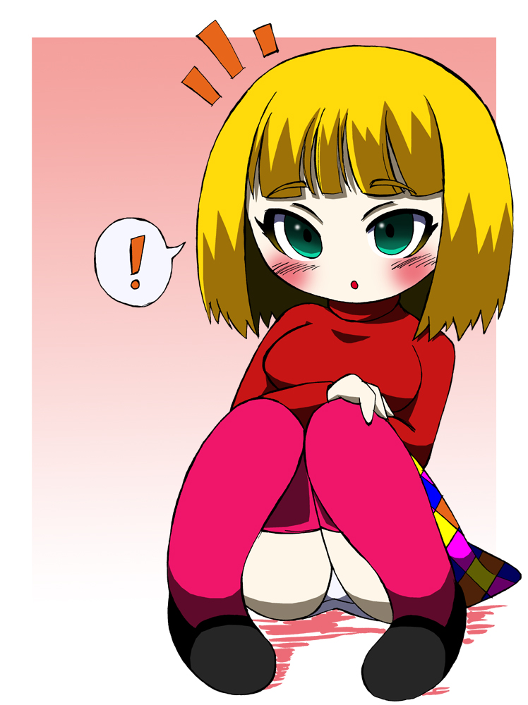 !, 1girl, belle_(pop'n_music), bemani, black_footwear, blonde_hair, blush, breasts, checkered_clothes, checkered_skirt, gradient_background, green_eyes, lkagami, long_sleeves, looking_at_viewer, medium_breasts, open_mouth, panties, pink_background, pop'n_music, red_shirt, red_thighhighs, shirt, shoes, short_hair, sitting, skirt, speech_bubble, spoken_exclamation_mark, surprised, thighhighs, underwear, white_panties