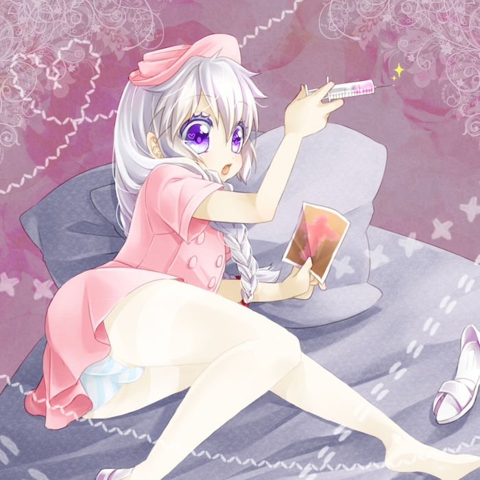 10s, 1boy, 30-sai_no_hoken_taiiku, bad_id, bed, bulge, crossdressing, crossdressing_(mtf), grey_hair, hat, long_hair, lying, macaron_(30-sai_no_hoken_taiiku), male_focus, needle, nurse, nurse_cap, on_side, open_mouth, panties, pantyhose, pantyshot, purple_eyes, solo, striped_clothes, striped_panties, touyama_soboro, trap, twintails, underwear, white_pantyhose, wig