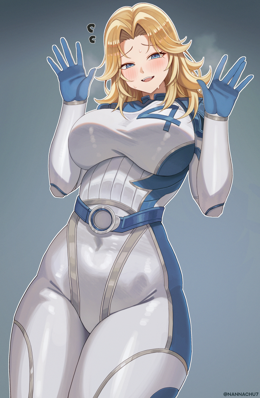 1girl, absurdres, belt, blonde_hair, blue_bodysuit, blue_eyes, blush, bodysuit