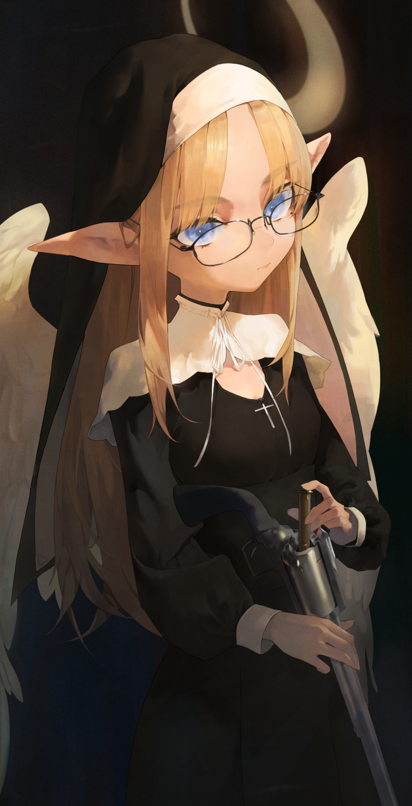 1girl, 240mmap, absurdres, angel, black_dress, blonde_hair, blue_eyes, breasts
