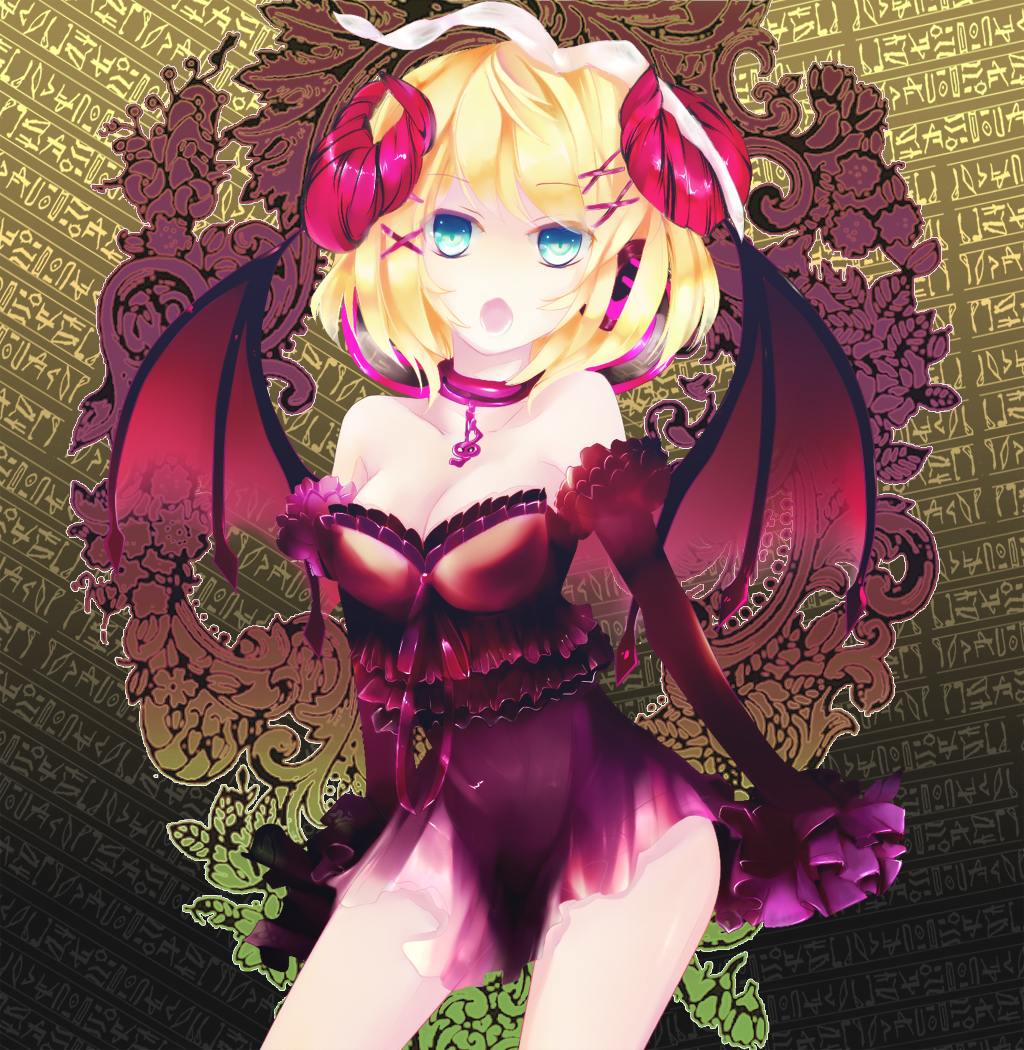 1girl, aqua_eyes, bad_id, bad_pixiv_id, blonde_hair, breasts, cleavage, demon_wings, detached_sleeves, female_focus, hair_ornament, hair_ribbon, hairclip, horns, kagamine_rin, kaisaki, open_mouth, ribbon, saki_k, short_hair, smile, solo, vocaloid, wings