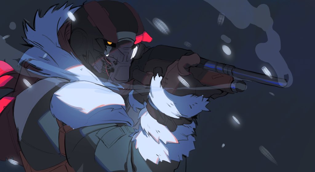 1boy, bara, boop_dega, broken_jaw, brown_gloves, coat, destiny_(game), fur-trimmed_coat, fur_trim, gloves, glowing, glowing_eyes, grey_background, gun, holding, holding_weapon, humanoid_robot, injury, joints, looking_afar, male_focus, muscular, muscular_male, no_humans, original, rifle, robot, robot_joints, smoke, snow, solo, weapon, yellow_eyes